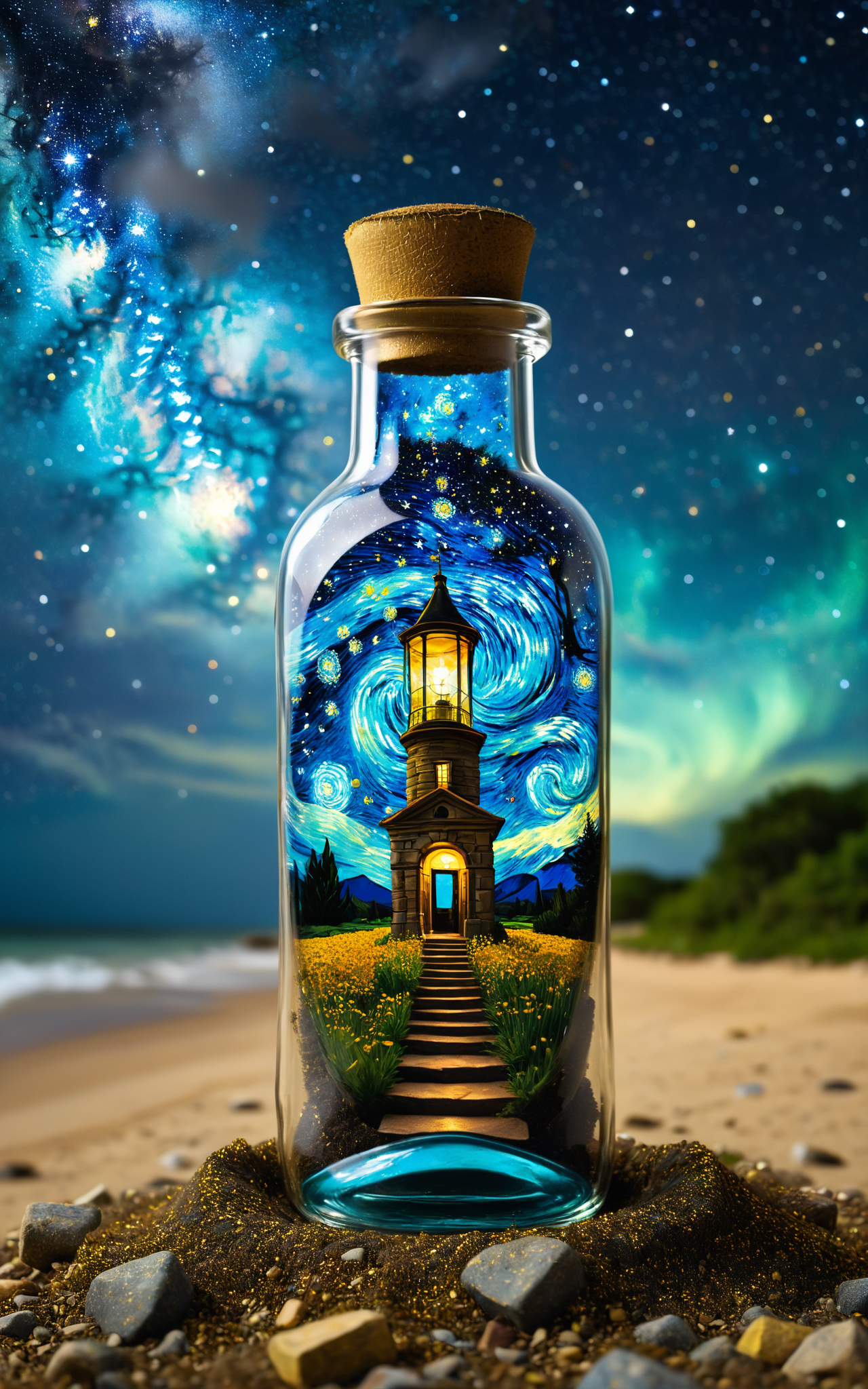 04068-2304862108-Starry sky Van Gogh painting trapped inside a hourglass bottle. Color and starry skies spilling out of the bottle and pooling on.png